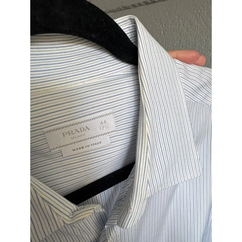 PRADA White & Blue Pinstripe Cotton Button Down Long Sleeve size 44 17 1/2